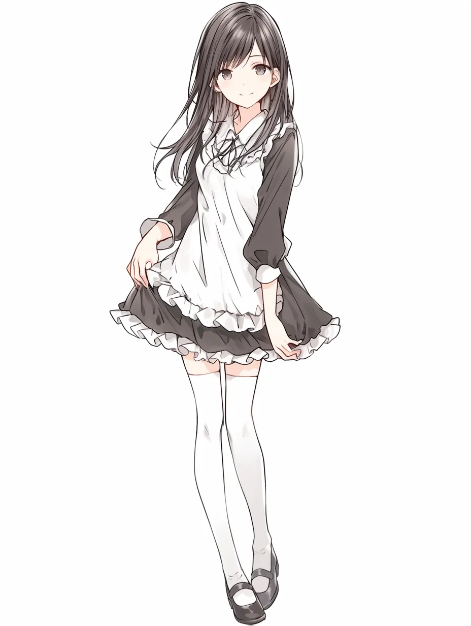 キャラ立ち絵：クラシックメイド｜レトロな黒ワンピースに白エプロンを重ねた王道スタイルのキャラ立ち絵。内向的で柔らかい表情が静かな存在感を引き立てています。