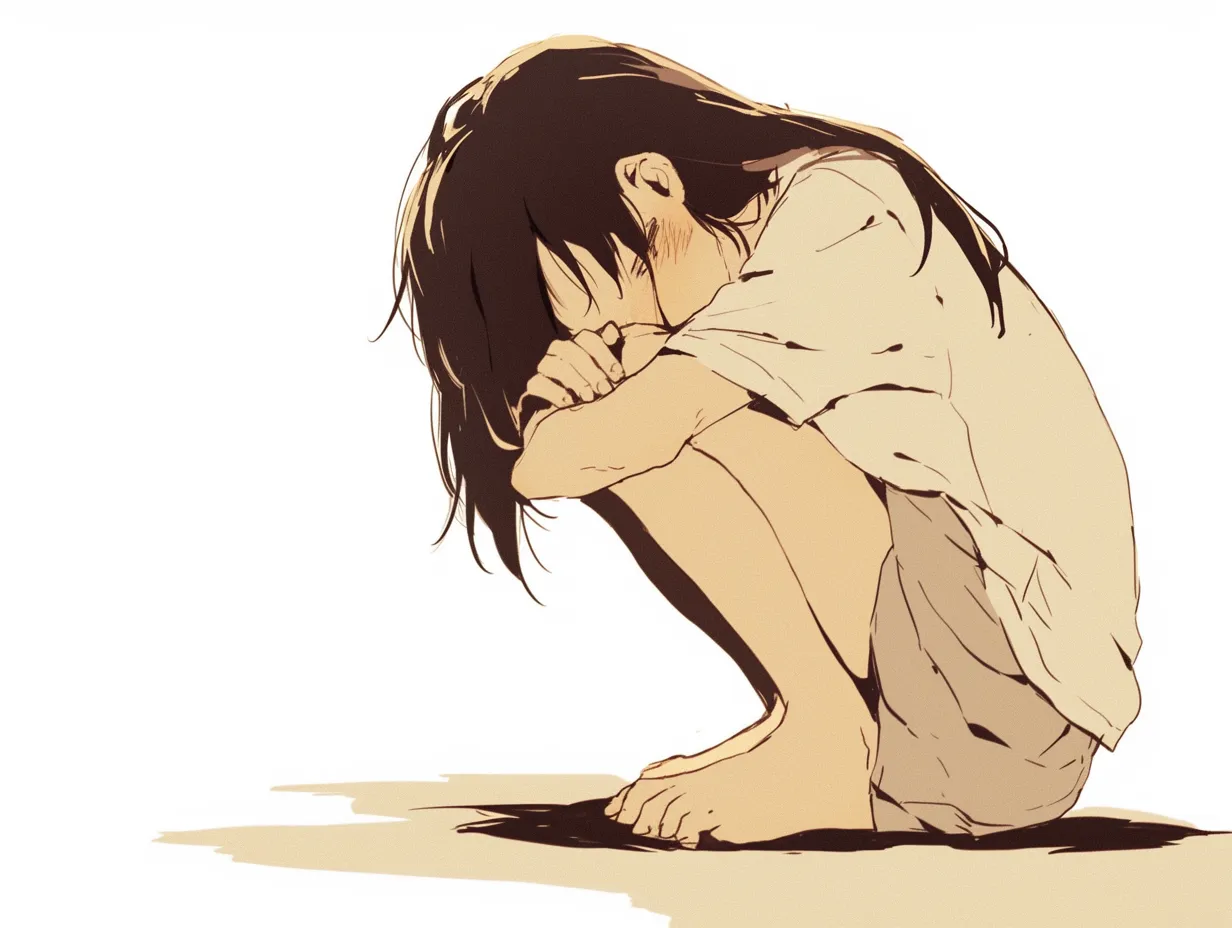 うずくまるポーズと影の中｜地面に落ちる影の中でうずくまるポーズをとる少女の姿が、心を閉ざすような感覚を表現しています。腕に顔を沈めた姿と脚の角度が、静かな緊張感を漂わせています。