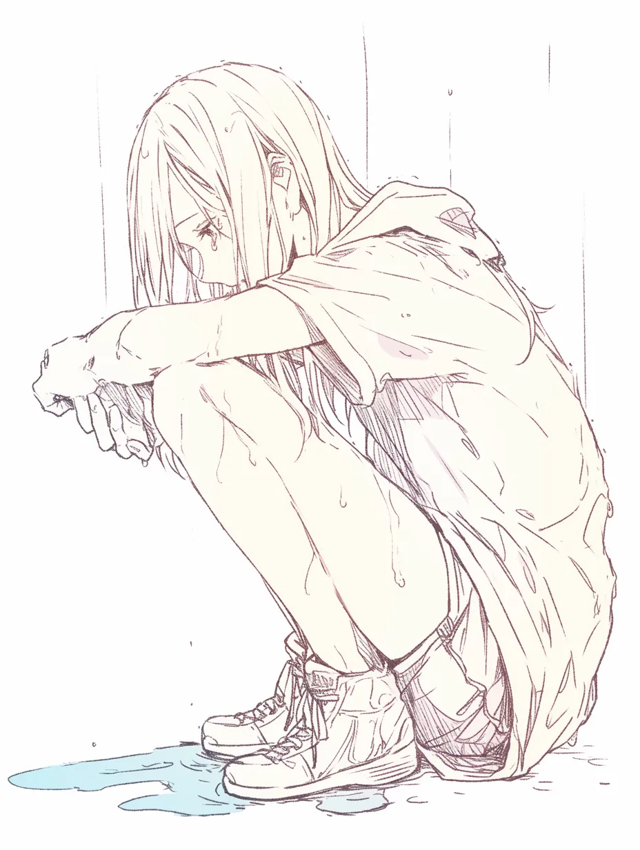 うずくまるポーズと水たまり｜濡れた服と水たまりの反射が、うずくまるポーズの少女の感情を静かに映しています。ぴったりと膝を抱える姿勢と細やかな線画が、孤独と耐えがたい状況を可視化しています。