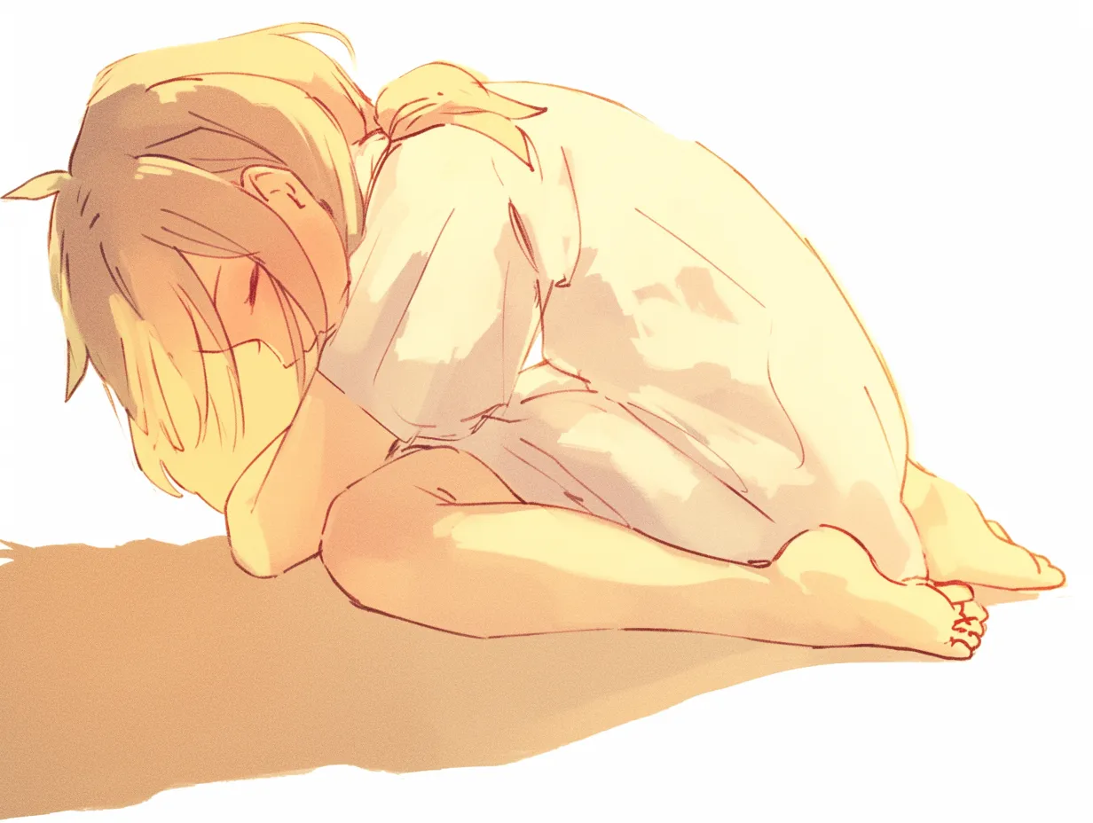 うずくまるポーズと眠りの中で｜やわらかな光の中、静かに丸くなったうずくまるポーズが、安らぎと疲れを同時に感じさせます。髪の落ち方や指先の緩さが、心を許した瞬間の静寂を包み込んでいます。