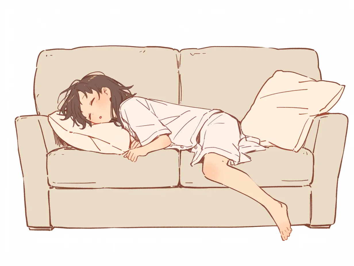 寝ポーズ・横向きの夢｜ソファにうつ伏せで眠る寝ポーズ。片脚が落ちた自然な崩れ方が、深い眠りと安心感を印象づけます。髪の乱れや枕への沈み込みが柔らかな空気を描き出しています。