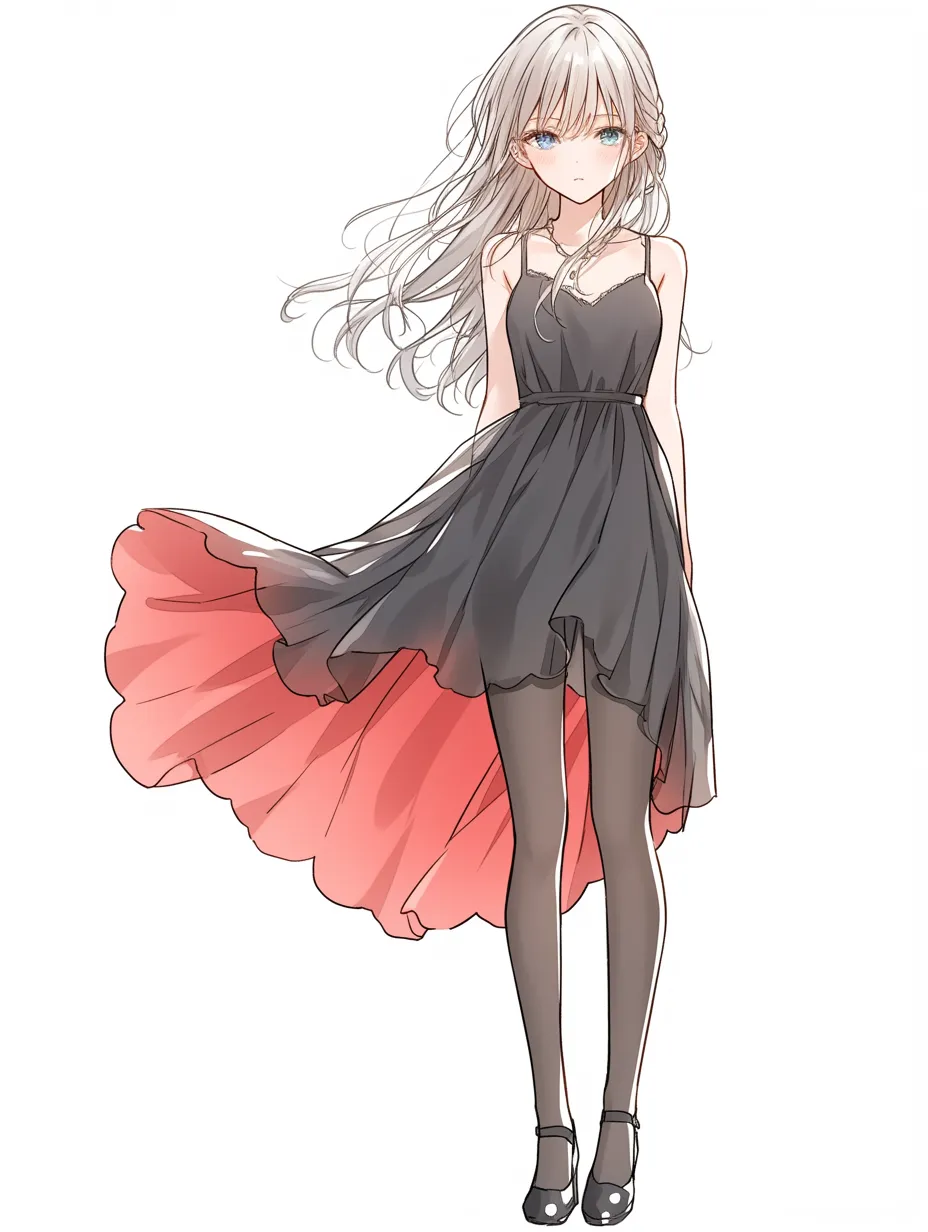 キャラ立ち絵：赤をはらむ黒｜ドレスの裏地に覗く赤がアクセントのキャラ立ち絵。黒とグレーの控えめな色彩の中に感情の揺らぎを感じさせる構成が魅力です。