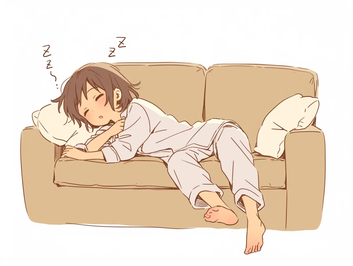 寝ポーズ・丸くなって｜腕を抱えて丸まるようにソファで眠る寝ポーズ。心地よい夢の中にいるような、穏やかで安心できる雰囲気が漂っています。手足の力の抜け方が印象的です。