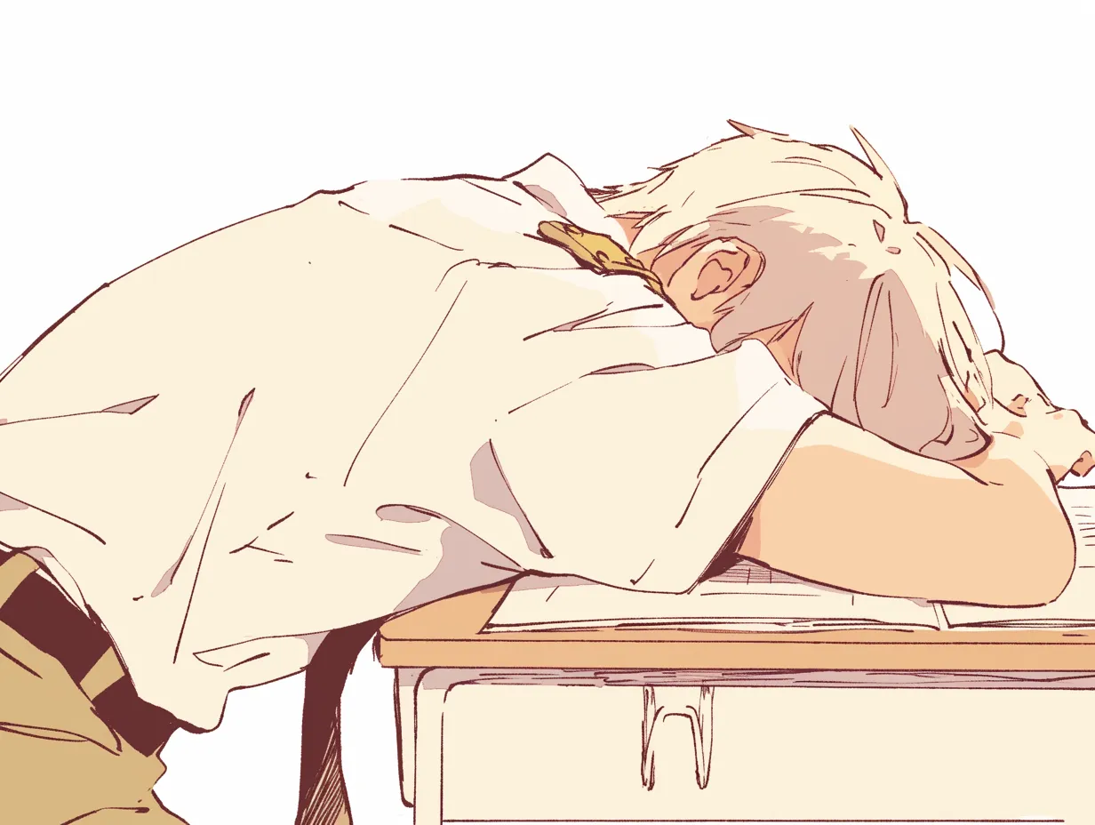 寝ポーズ・机に沈む眠気｜机に突っ伏して眠る寝ポーズ。制服の乱れや肩の丸まりが、限界まで頑張った末の無防備な休息を思わせ、一瞬の静けさが全体を包み込みます。