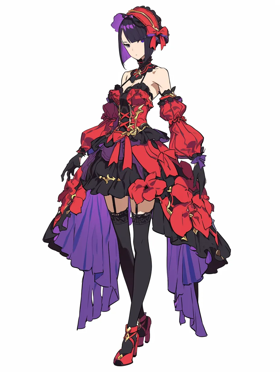 キャラ立ち絵：赤黒のドレス姫｜鮮やかな赤と深い紫で構成されたゴシックドレスが目を引くキャラ立ち絵。豪華な衣装と整ったシルエットが重厚な存在感を放ちます。