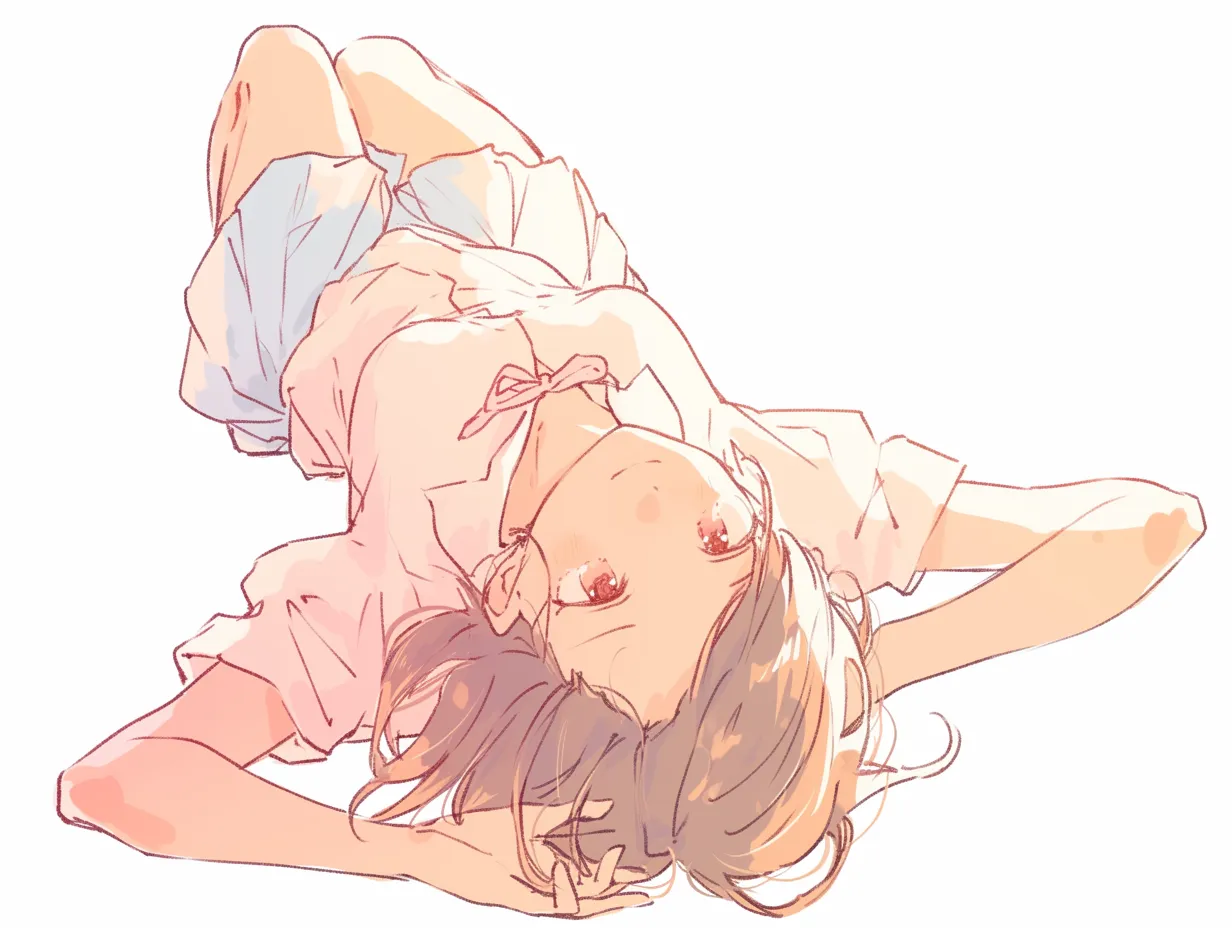 仰向けポーズと見上げる目｜仰向けポーズの少女がこちらを見上げる構図が印象的。顔と手が近くにあることで目線の吸引力が高まり、リボンやシャツの柔らかい線が可愛らしさを引き立てています。