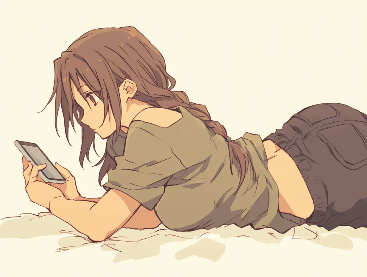 うつぶせポーズの午後｜スマホを見つめながらくつろぐ女子のうつぶせポーズ。肩の開きとゆるやかな腰のラインが、リラックスした午後の雰囲気を引き立てている。
