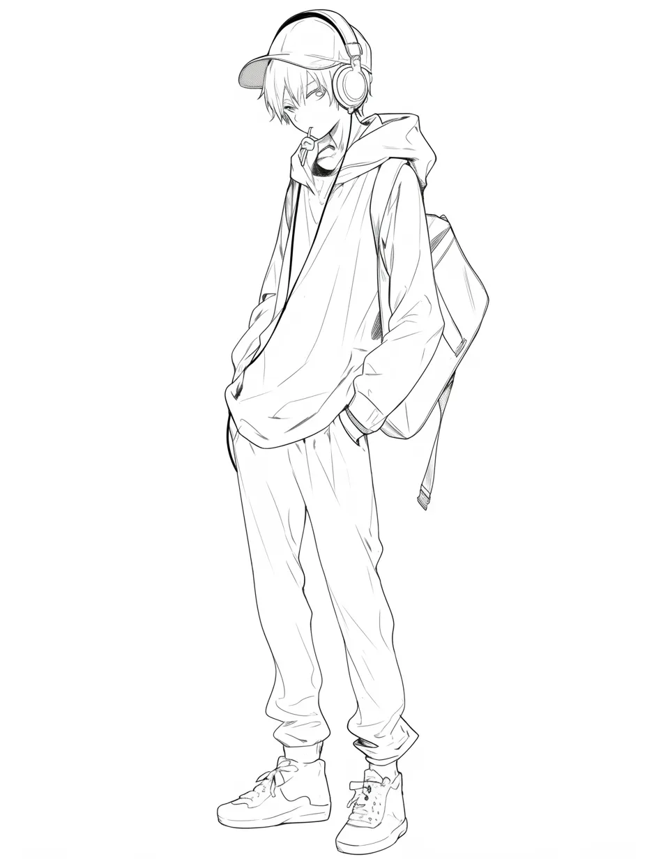 キャラ立ち絵：スケーター男子B｜シンプルなパーカーとパンツ姿にリュックを背負ったキャラ立ち絵。耳あて付きのヘッドホンと咥えた飴がキャラの遊び心を演出しています。