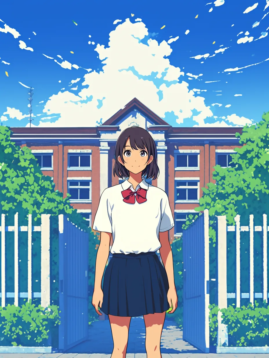 立ち絵背景：校門の夏空｜校門の真ん中に立つ制服姿が、抜けるような青空と入道雲に溶け込む立ち絵背景。鮮やかな季節感が情景を際立たせています。
