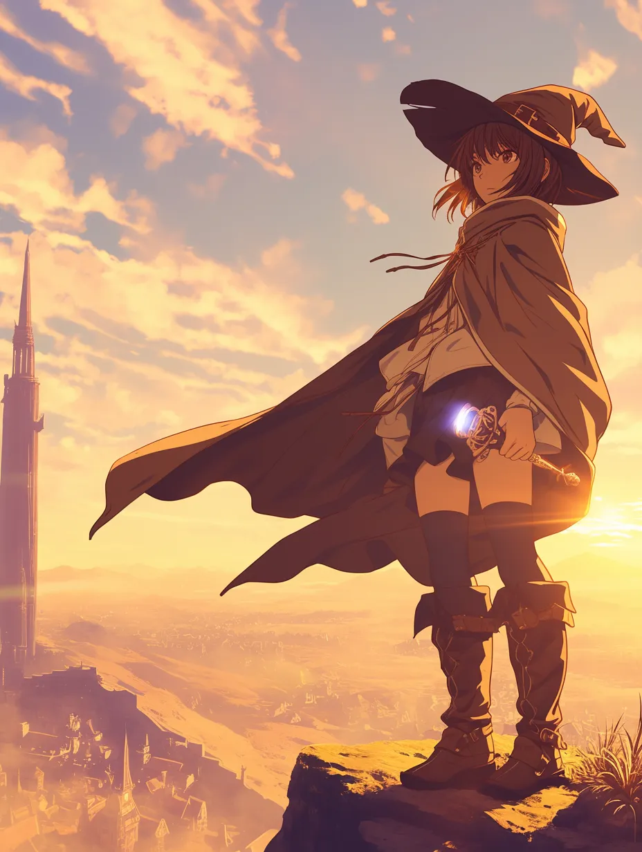 立ち絵背景：魔法使いの丘｜高台から見下ろす町並みと夕景に立つ魔法使いが印象的な立ち絵背景。風に靡くマントと帽子が静かな力強さを感じさせます。