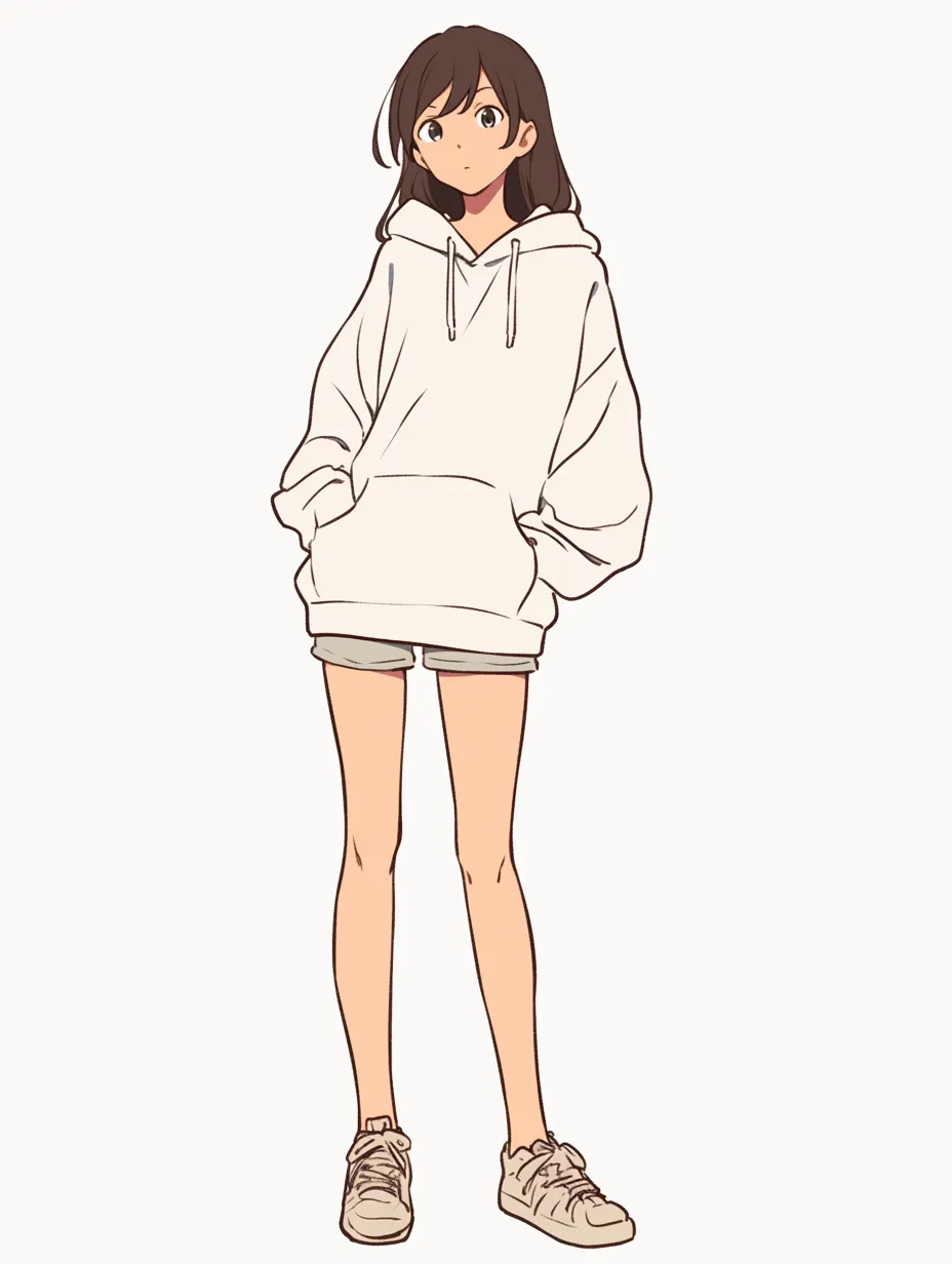 かわいい立ち絵：ポケット女子｜パーカーのポケットに手を入れた仕草が印象的なかわいい立ち絵。ゆったりとしたシルエットと首を少し傾けた表情が、気取らない可愛さを際立たせています。