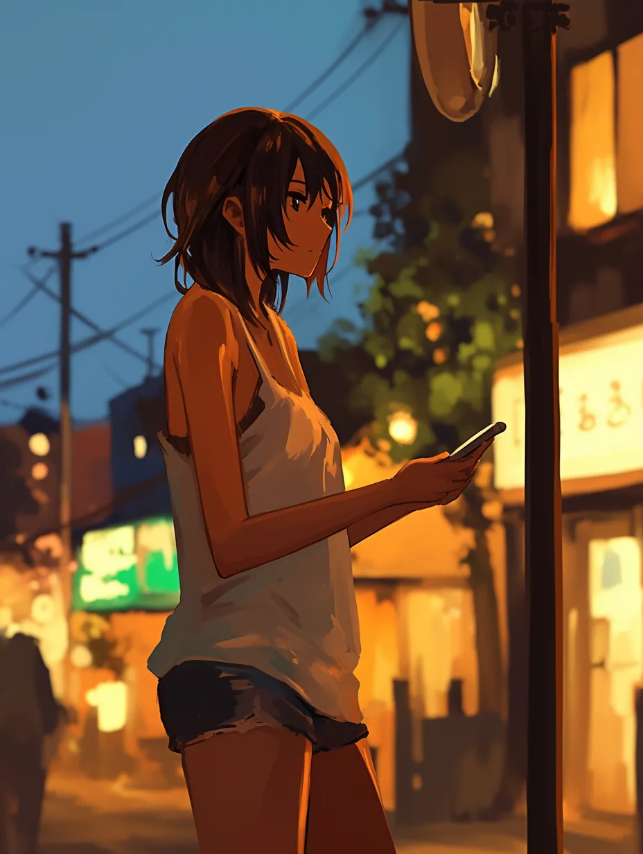 立ち絵背景：夜の街角で｜ネオンサインの光が人物の輪郭をなぞるように浮かび上がる立ち絵背景。無言の時間が流れるような静かな構図です。