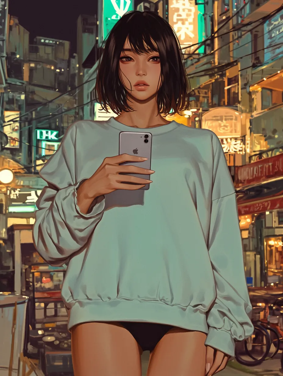 立ち絵背景：密集都市の少女｜密集した夜の都市を背景にした立ち絵背景。スマホを持つ少女の無表情と、混沌とした街の対比が不思議な緊張感を生んでいます。