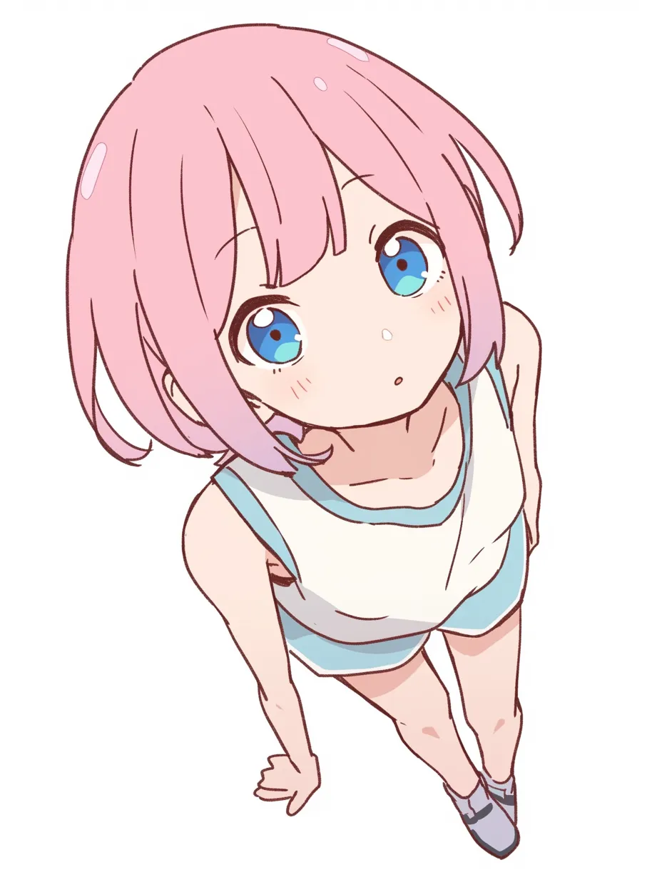 俯瞰かわいい体操服｜体操服を着た少女が首をかしげながら上目遣いで見上げる構図。俯瞰による頭身バランスの変化が、幼さとかわいさを引き立てている。