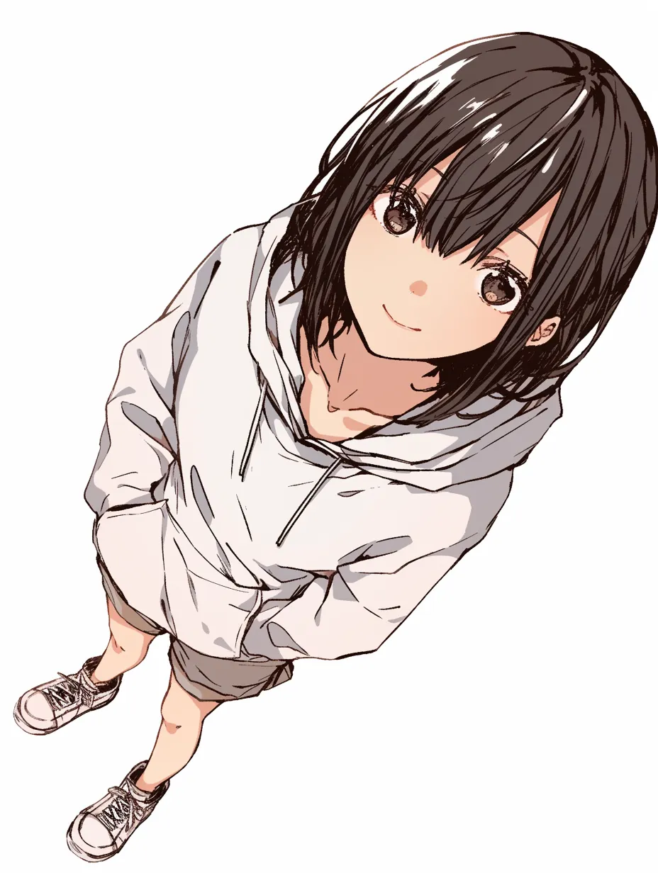 俯瞰かわいいスニーカー｜手をポケットに入れたまま笑うパーカー女子。俯瞰視点により足元のスニーカーが小さくなり、顔のかわいさが際立つバランス感が魅力。