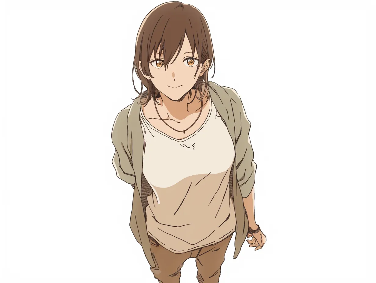 俯瞰かわいい大人女子｜落ち着いた服装の女性が微笑む俯瞰構図。肩のラインと斜め構図が自然な奥行きを作り、大人っぽさとかわいらしさが両立している。