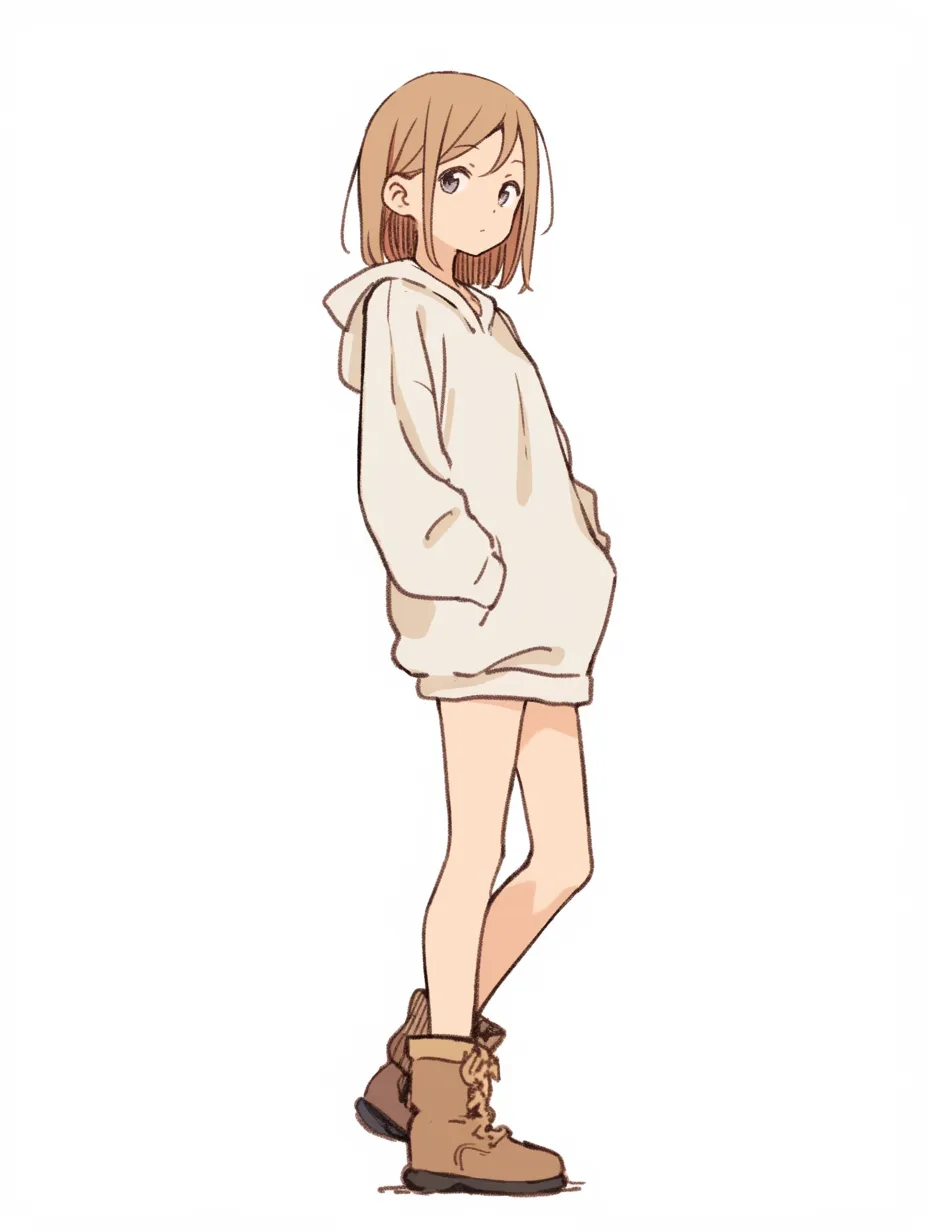 かわいい立ち絵：ブーツ女子｜ビッグパーカーにブーツという組み合わせが目を引くかわいい立ち絵。ポケットに手を入れたままの姿勢と少しだけ上げた足元が、リズム感のある可愛さを作り出しています。