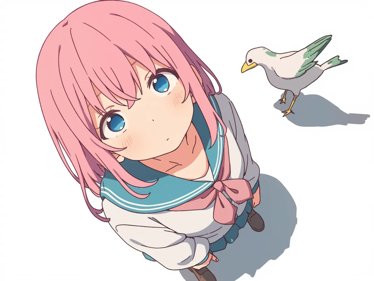 俯瞰かわいいセーラー服｜セーラー服の少女が小鳥と共に見上げる視線が印象的な構図。俯瞰からの光と影が瞳や髪に立体感を与え、かわいさが際立つ。