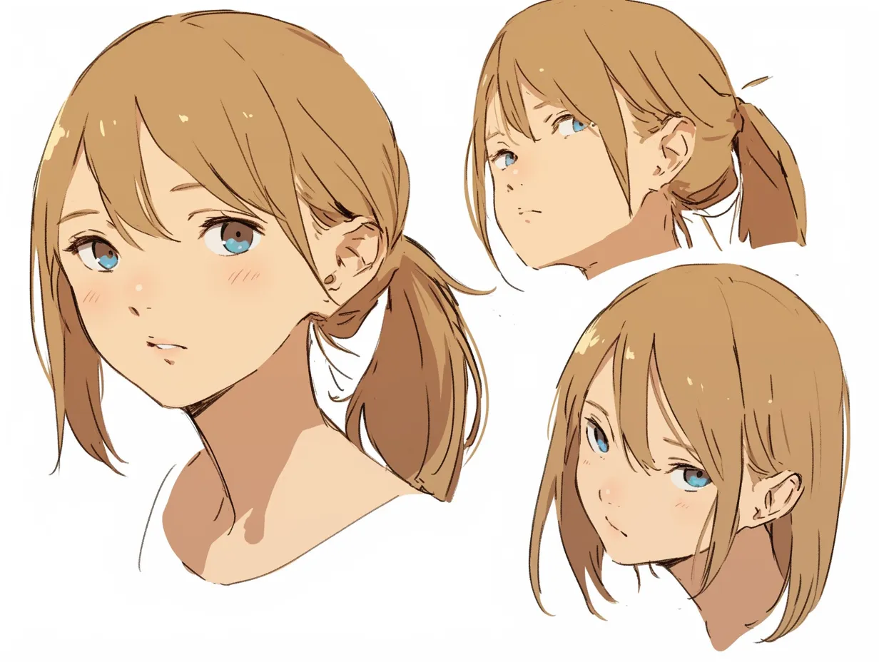 俯瞰で捉えた見上げ顔｜上目遣い気味の顔を俯瞰で描くことで、少女の目線に含まれる繊細な感情が際立ち、控えめなポニーテールの毛束が構図に柔らかさを添えている。