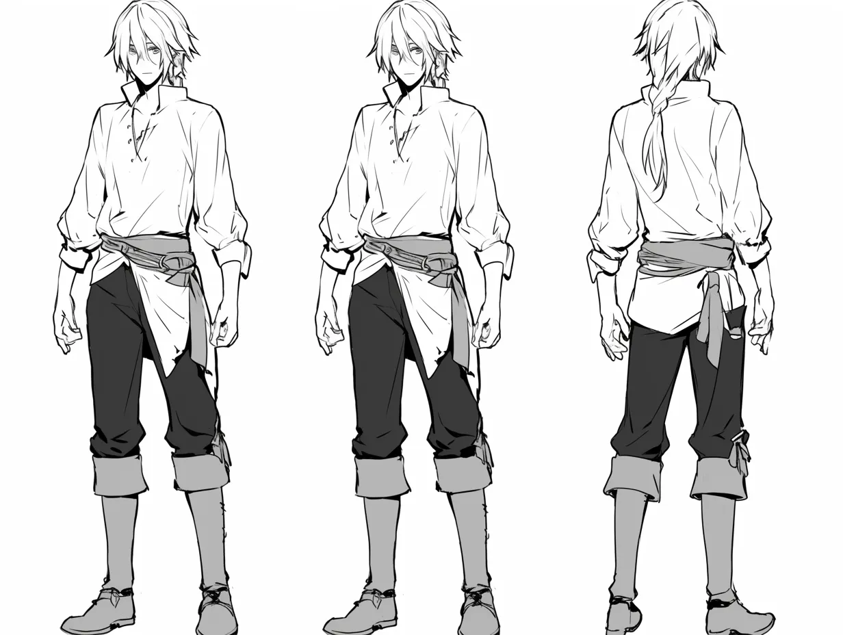 ゲーム立ち絵：旅人の青年｜ゆるく結ばれた腰布や無造作な髪型が、放浪者らしい生活感を漂わせるゲーム立ち絵。袖をまくったラフな服装が自由な印象を強調しています。