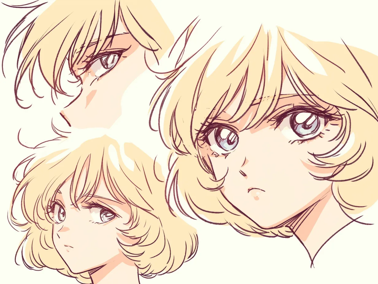 俯瞰に映えるクラシック顔｜クラシックな少女漫画風の顔立ちが俯瞰構図によってさらにドラマチックに映え、流れる前髪と瞳の描線が視線誘導に寄与している。