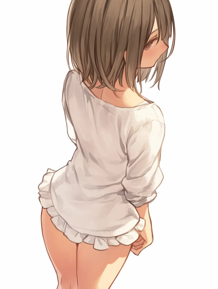 俯瞰後ろ姿の白服少女｜ゆるく落ちた白い服の質感が柔らかく、俯瞰から見える肩のラインと頬の赤みが少女の繊細な魅力を引き立てる後ろ姿の構図。