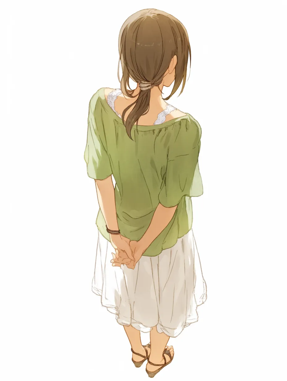 俯瞰後ろ姿の緑服少女｜結んだ髪とゆったりとした服のバランスが心地よい。俯瞰で捉えられた後ろ姿が、静かな季節感と優しさを表現している。