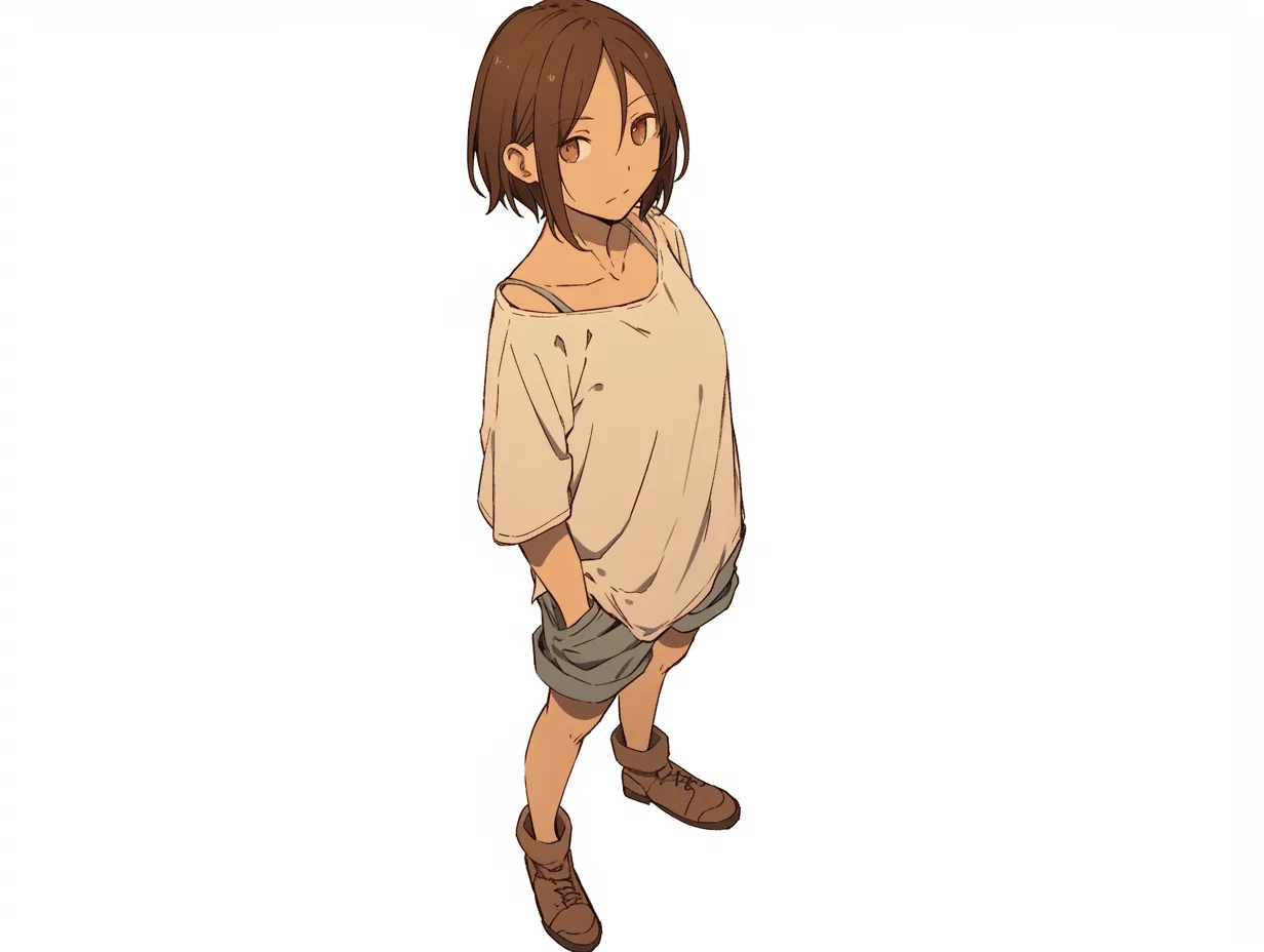 見上げる少女の静けさ｜少女の視線がやや上を向いて俯瞰視点を受け止めており、肩のラインと足元の構図が落ち着いた雰囲気を強調。素朴な服装が人物の内面を引き立てている。