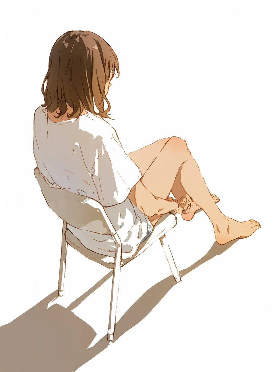 俯瞰で座る少女｜緩やかな光に包まれた少女が俯瞰で描かれ、無防備なポーズと影が印象的。座る姿勢の自然な重心移動と足の角度が、穏やかな時間の流れを感じさせる構図。