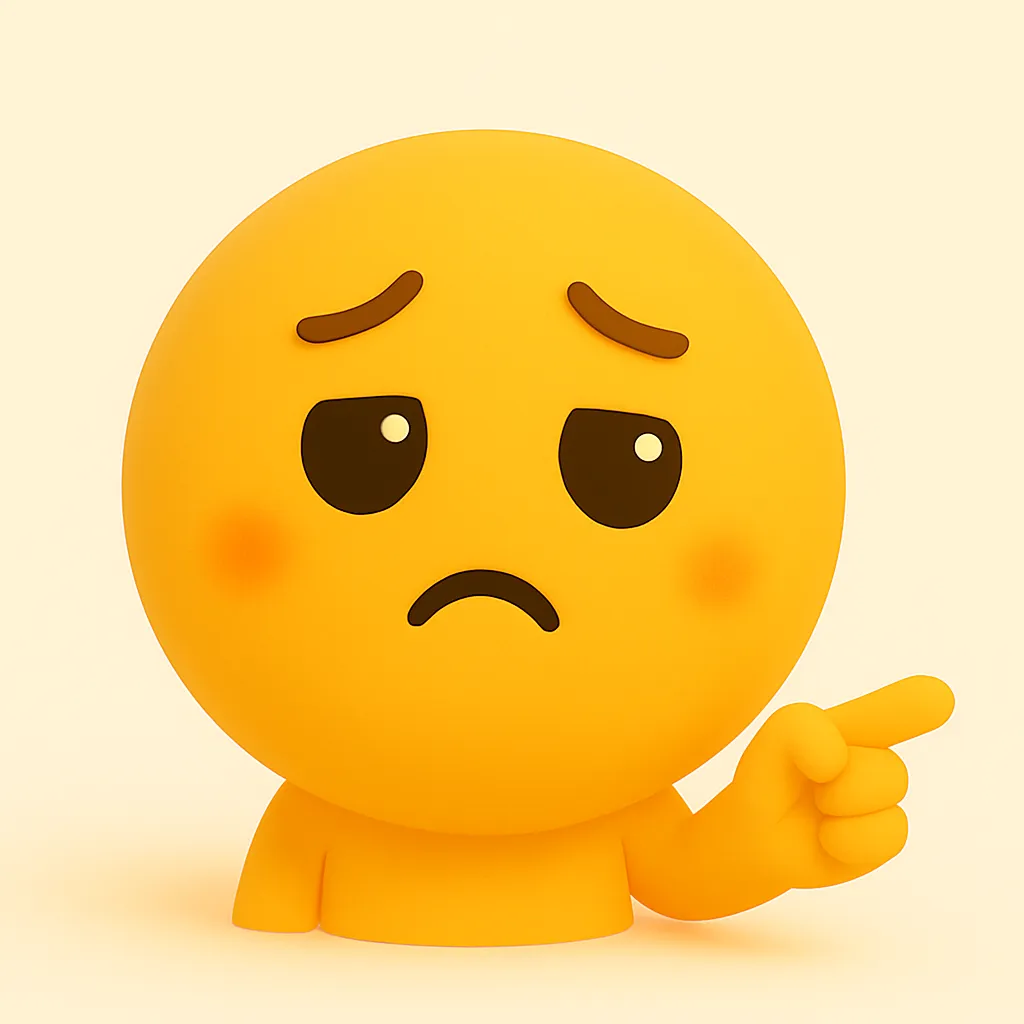 ぷに顔文字シリーズ・ねー｜指差しと困り顔の組み合わせで「ちょっと聞いてよ！」という雰囲気。ぷに顔文字シリーズらしいやわらかい質感で親しみやすく、会話のきっかけにも。アスキー：(・_・)σ