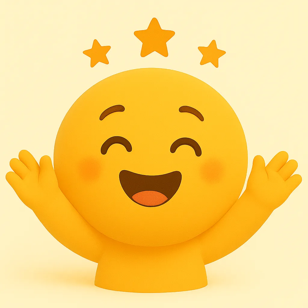 ぷに顔文字シリーズ・おめでとう｜おめでとう顔のモチーフです。両手を広げて星のエフェクトとともに喜びを表現しています。アスキーアート: ( ´ ▽ ` )v
