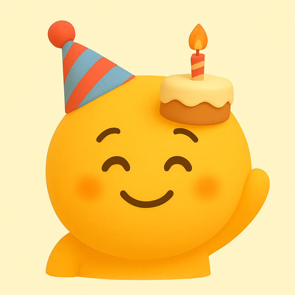 ぷに顔文字シリーズ・誕生日｜ケーキと帽子で飾った表情が可愛い、ぷに顔文字シリーズの「誕生日」。笑顔があふれるデザインでお祝い感が強く、バースデーメッセージにも最適です。アスキーアート: ( ´ ∀ `)ノ🎂