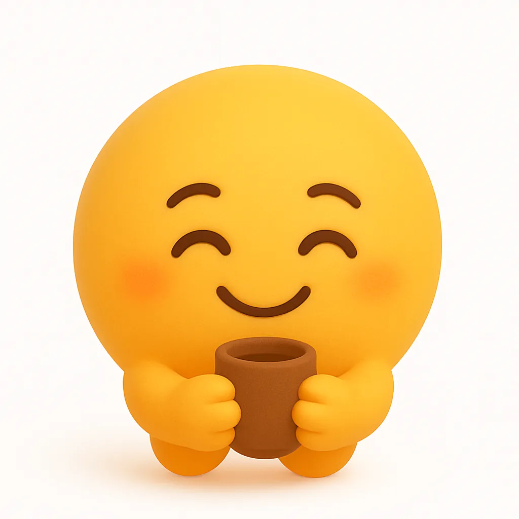 お茶・ぷに顔文字アスキーアート｜両手であたたかなお茶を包み込むように持つぷに顔文字。まるいフォルムと安心感のある笑顔が、リラックスした時間や癒しの場面にぴったりのほのぼの系ビジュアル。　参考顔文字：( ´∀｀)っ旦