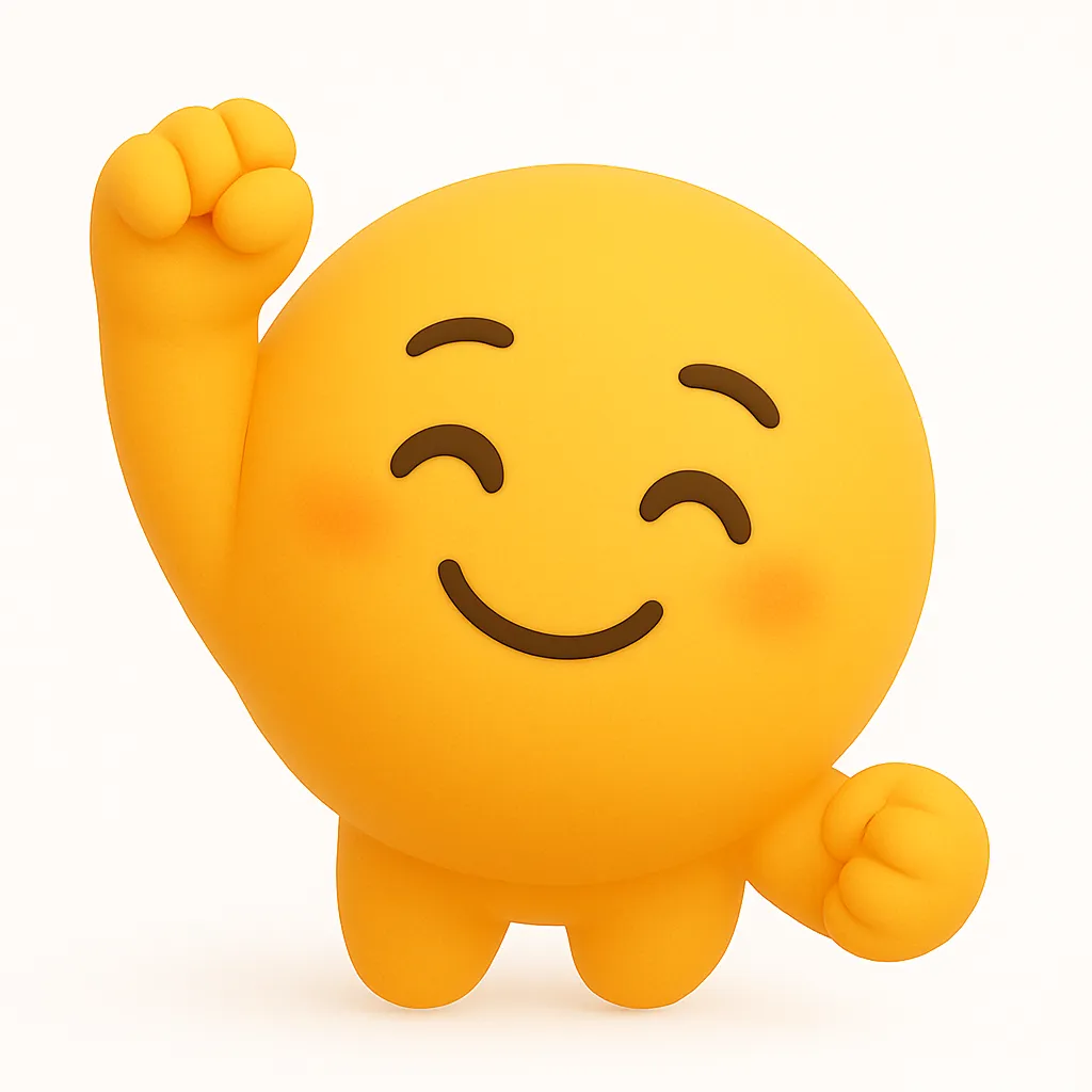 はーい・ぷに顔文字アスキーアート｜元気よく手をあげた「はーい」ポーズのぷに顔文字。明るい笑顔としっかり握った手が特徴で、挨拶や返事の場面を元気に表現する陽気なキャラクター。　参考顔文字：(・∀・)ノ