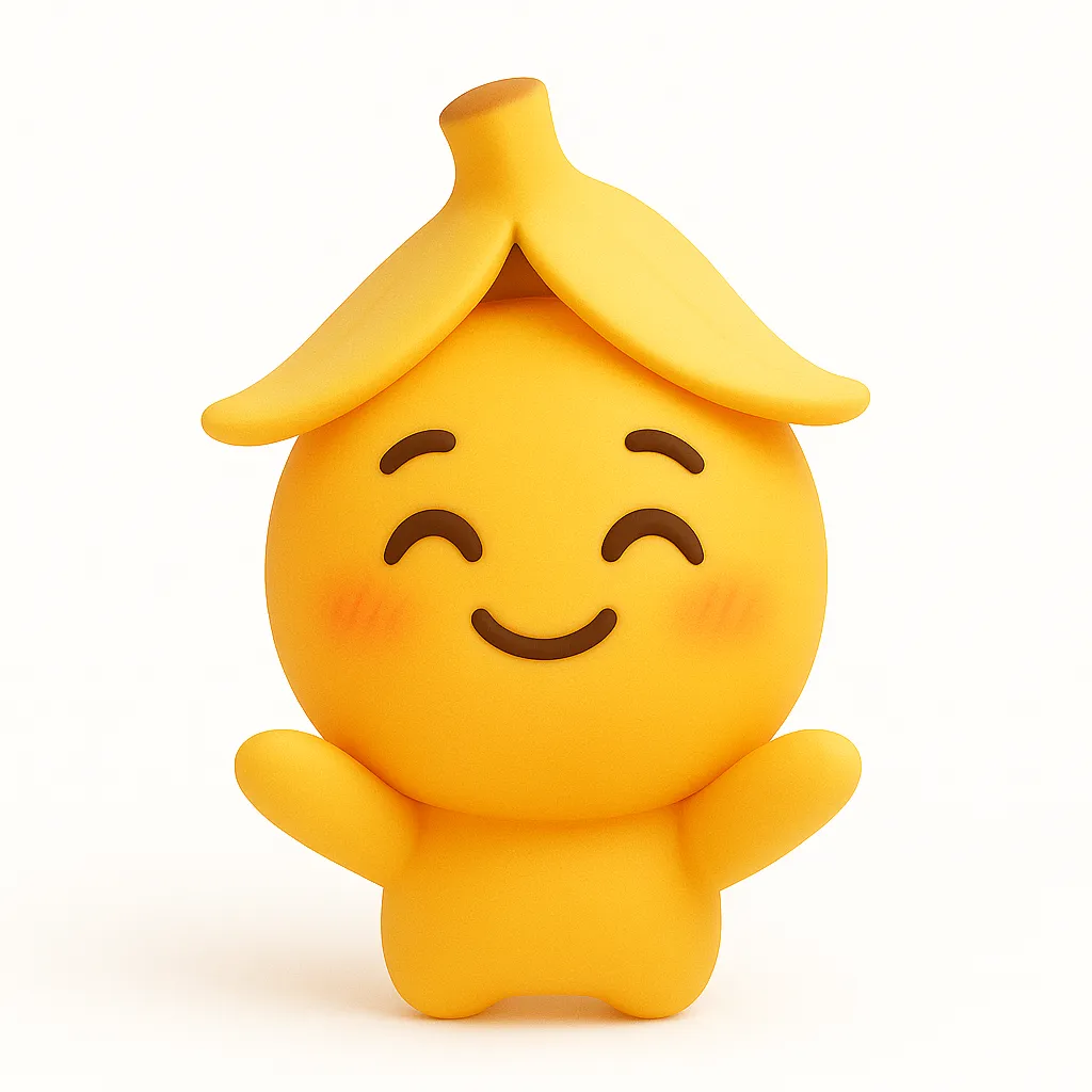 バナナ・ぷに顔文字アスキーアート｜バナナの皮をかぶったようなぷに顔文字。黄色の統一感とにっこり笑顔がチャーミングで、フルーツ系やコミカルなシーンに使える楽しいビジュアル。　参考顔文字：( ´∀｀)ノ🍌