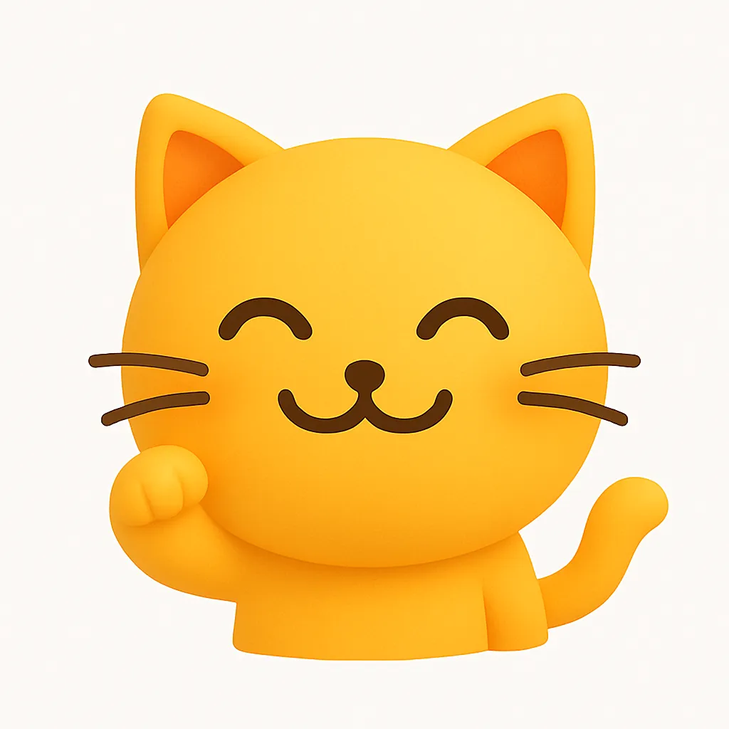 ネコ・ぷに顔文字アスキーアート｜ネコモチーフのぷに顔文字。小さな手で招くしぐさとくるんとしたしっぽ、にっこり顔が愛らしく、癒し系やかわいい系の場面にぴったりのデザイン。　参考顔文字：(=^･ω･^=)
