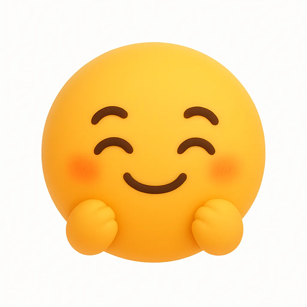 ニコニコ・ぷに顔文字アスキーアート｜にっこりとした表情でほっぺを手でぎゅっと押さえる、やさしいぷにぷに系ニコニコ顔文字。丸くてあたたかみのある造形が、見る人にほっとする癒しの印象を与える。　参考顔文字：(＾▽＾)