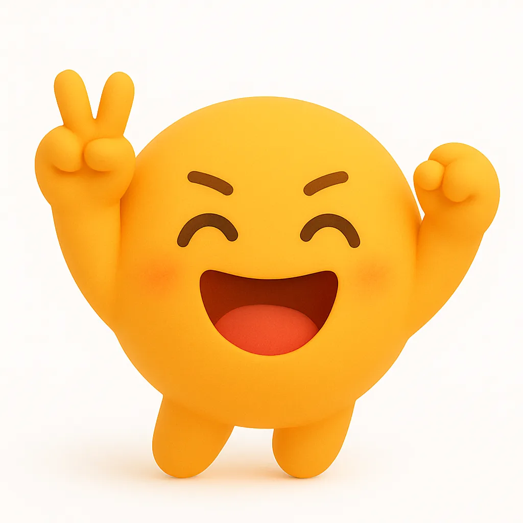イエーイ・ぷに顔文字アスキーアート｜元気いっぱいの笑顔とピースポーズで「イエーイ！」の気持ちを表現した顔文字アート。ぷにぷにした手足が飛び跳ねるような動きで、ポジティブなテンションを演出。　参考顔文字：v(≧∇≦)v