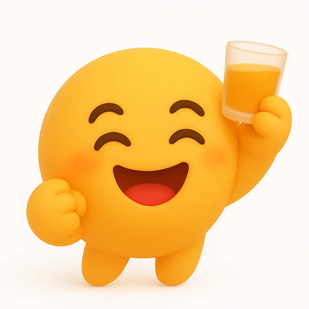 乾杯・ぷに顔文字アスキーアート｜手にドリンクを掲げて笑顔の「乾杯」ぷに顔文字。明るい表情とゆるやかなフォルムが、飲み会やお祝いシーンを和やかに盛り上げてくれるムードメーカー的存在。　参考顔文字：( ^_^)／□☆□＼(^_^ )