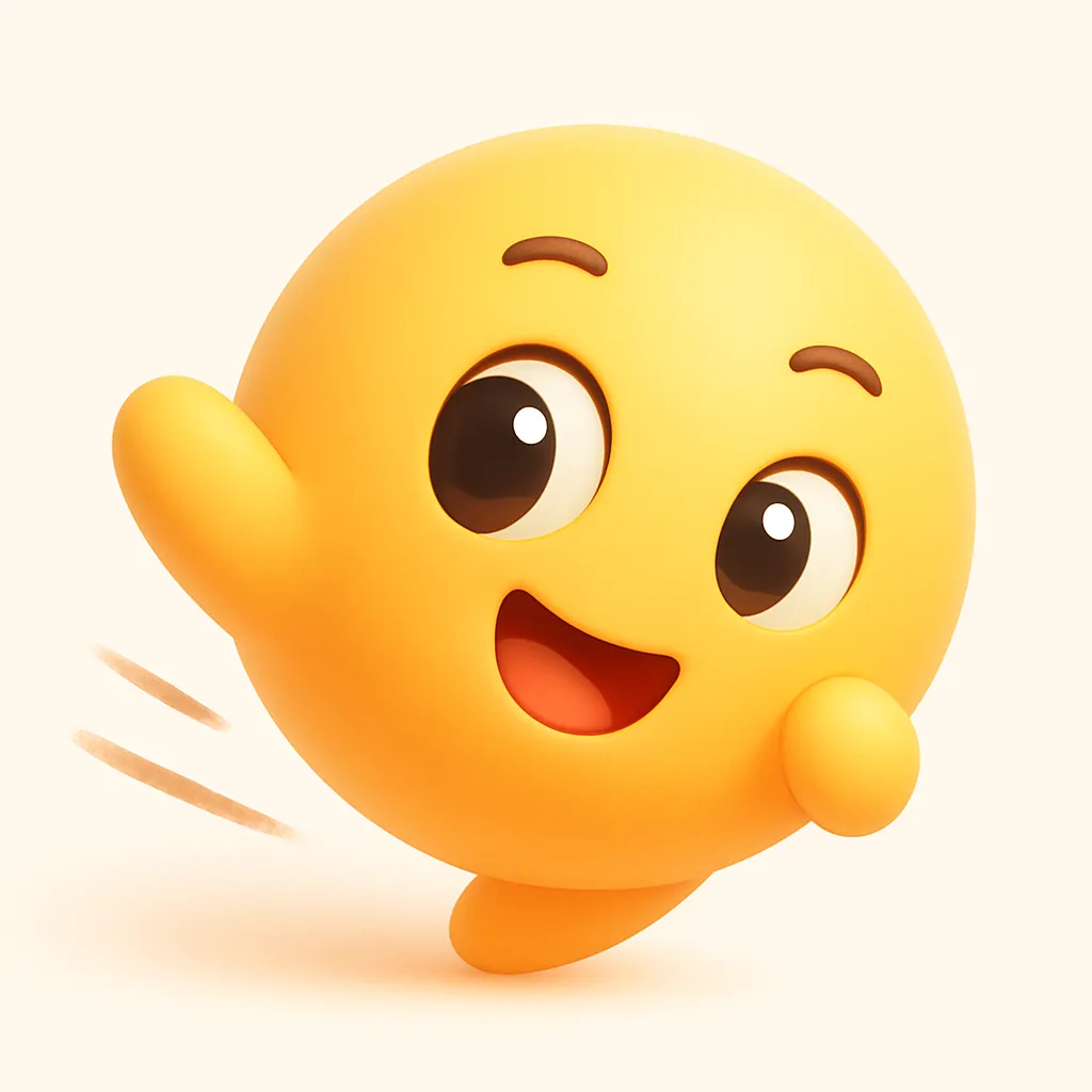 ぷに顔文字シリーズ・サッぷに｜元アスキーアート「≡≡≡ﾍ(*ﾟ∇ﾟ)ﾉ」から、すばやく画面の端へフェードアウトするような瞬間をぷに風に再構成。やや斜め上に跳ねたような構図と、手を振るジェスチャーで「サッ」と消える気配を表現。スピード感ある動きとぷに感のギャップが魅力。