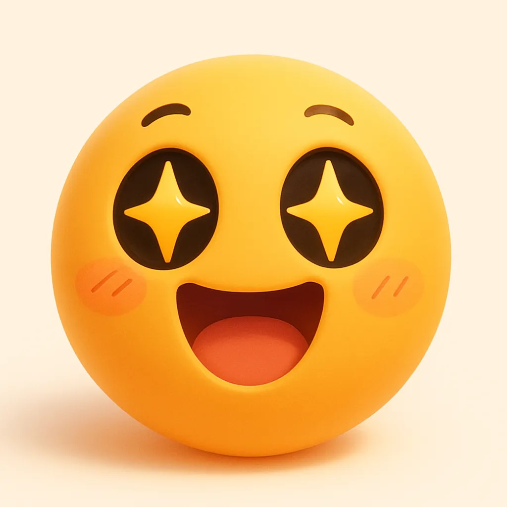ぷに顔文字シリーズ・キラキラぷに｜元アスキーアート「(☆▽☆)」をベースに、目を輝かせてテンションが上がっている状態をぷに化。瞳には大きめの星を反射させ、口元は全開スマイル。ぷにぷにの立体感に“ときめき”と“無垢な興奮”が宿った、インパクトのある表情です。