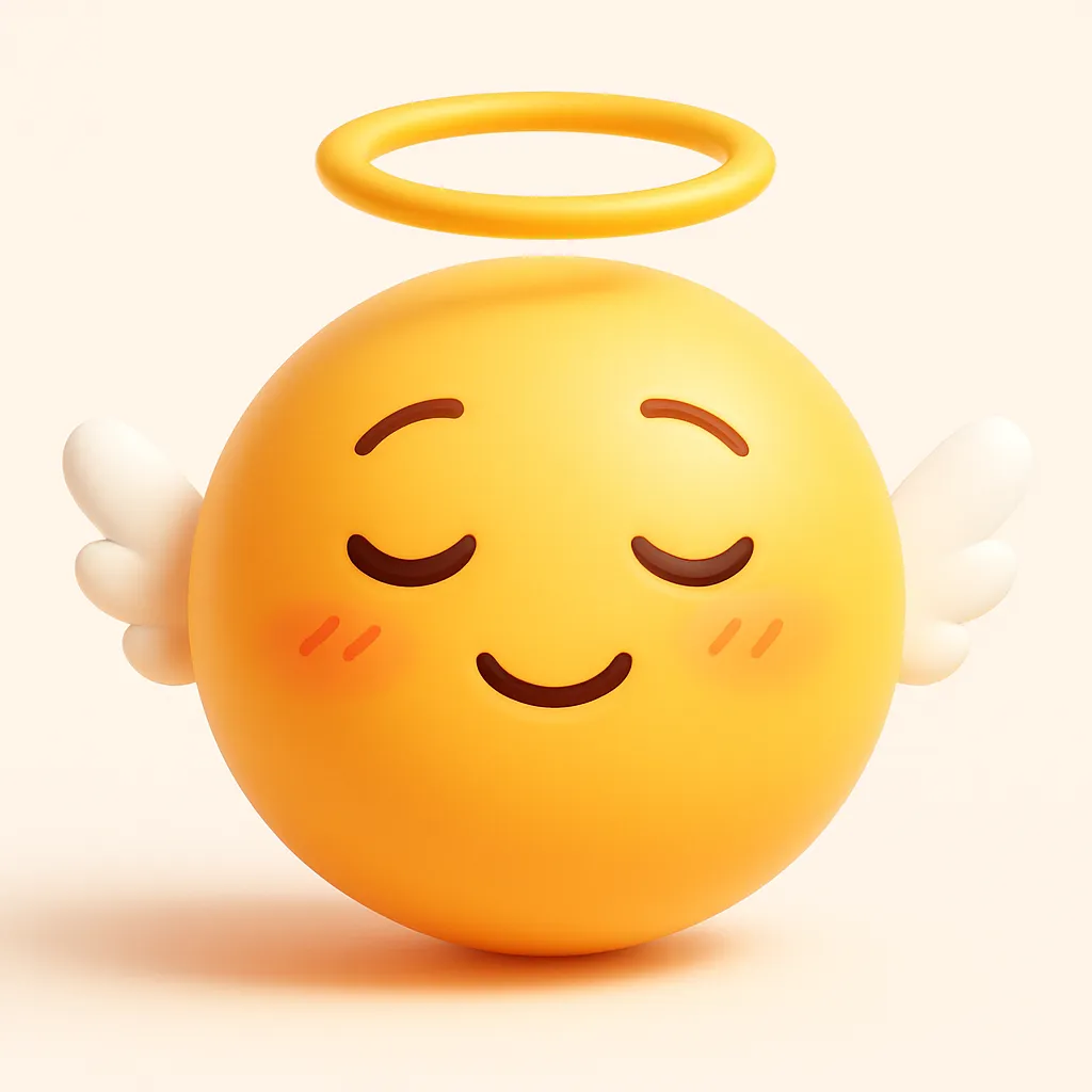 ぷに顔文字シリーズ・てんしぷに｜元アスキーアート「( ˘ω˘ )☁」をもとに、穏やかで安らかな“天使”の表情をぷにっと表現。閉じた目とやわらかい笑み、ふわっと浮かぶ輪っかと羽根のイメージで、安心感のあるやさしさが漂います。癒し系ぷにフェイスの代表格。