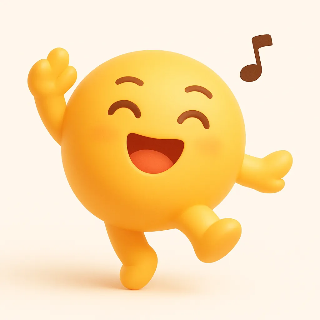 ぷに顔文字シリーズ・ダンスぷに｜元アスキーアート「(ノ^o^)ノ♪」の陽気なステップ感を、ぷにっとしたキャラで表現。片手を上げたポーズに、弾けるような笑顔と軽やかな体の傾きで、踊り出したくなる気分を体現。ぷにの丸みがリズムに乗っているような愛嬌たっぷりの1枚です。
