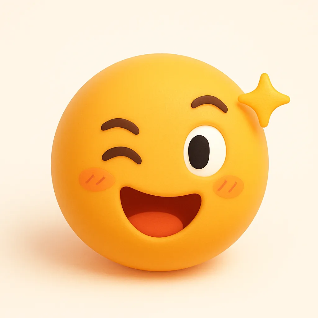 ぷに顔文字シリーズ・ウインクぷに｜元アスキーアート「(＾▽＾)／☆」から着想を得た、元気いっぱいのウインク表情。片目をぎゅっと閉じたおどけた表情に、口角がしっかり上がったにっこりスマイル。頬の赤らみとキラッと光るツヤ感が、ぷにフェイスにぴったりな愛され系です。