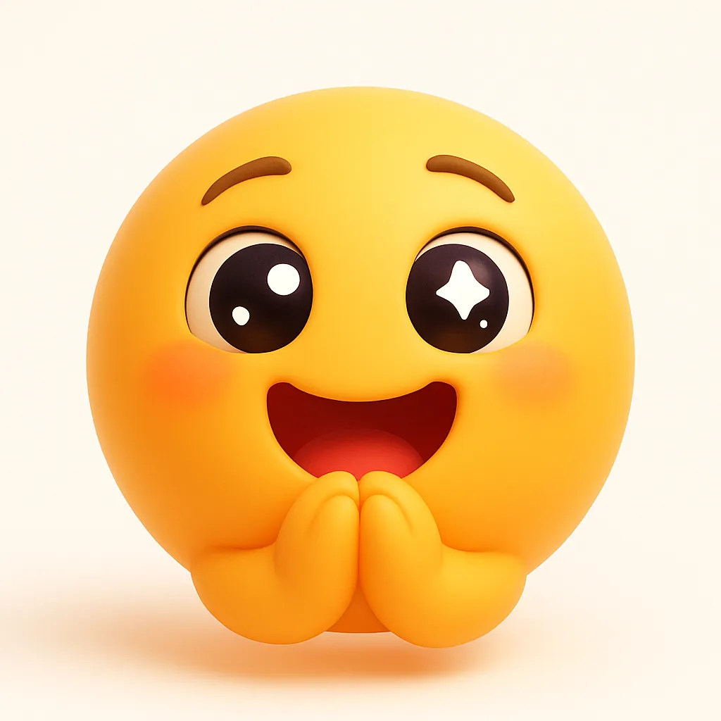 ぷに顔文字シリーズ・わくわく｜目を輝かせて手を合わせるぷに顔文字シリーズ・わくわくは、(*ﾟ∀ﾟ*) のような期待感を立体化した造形。可愛らしさと希望感が同時に伝わる仕上がりになっています。
