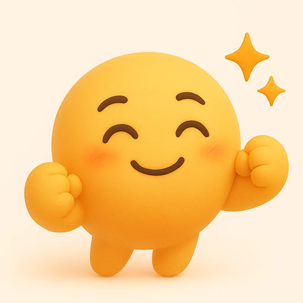ぷに顔文字シリーズ・応援｜やわらかい丸みと微笑みで構成された応援ポーズのぷに顔文字イラスト。モチーフ「(๑•̀ㅂ•́)و✧」をベースに、元気づけるような親しみと優しさが漂うデザインです。シリーズ全体の中でも声援の気持ちがよく伝わる表情です。