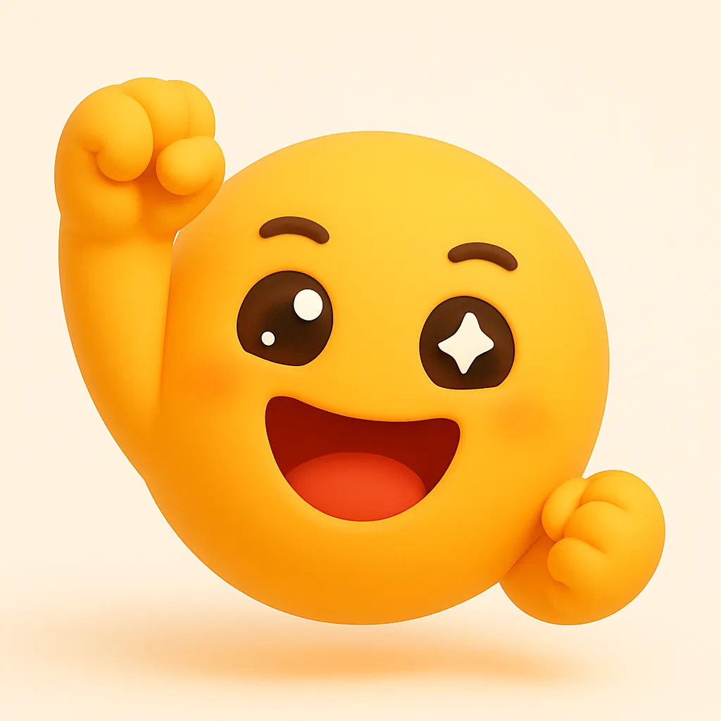 ぷに顔文字シリーズ・ガッツポーズ｜勝利の瞬間を切り取ったようなガッツポーズ風の構えが特徴のぷに顔文字。「( •̀∀•́ )✧」をベースに、弾む輪郭とポジティブな表情が印象的で、ぷに顔文字シリーズらしい明るさが際立ちます。