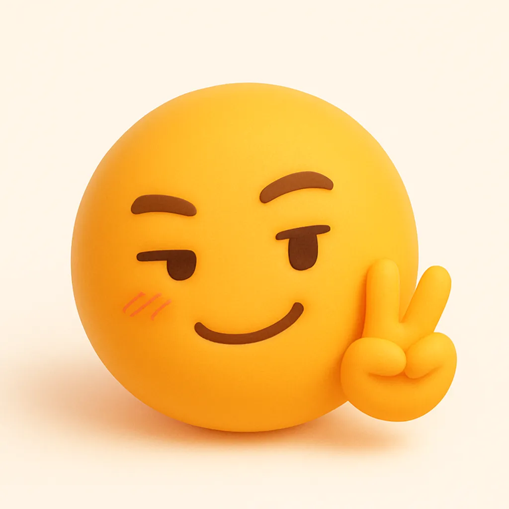 ぷに顔文字シリーズ・ピースぷに｜元アスキーアート「(￣ー￣)v」のニヤッとしたドヤ顔を、ぷにぷに質感で柔らかく再構成。にやけた口元と片眉上げの表情に、チョキのジェスチャーを添えて「キマってる感」を表現。かわいさと自信をあわせ持つぷにキャラの代表格。