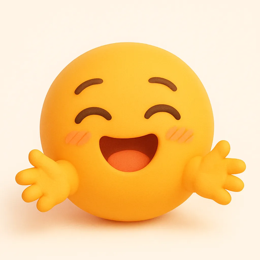 ぷに顔文字シリーズ・ぎゅーぷに｜元アスキーアート「(つ≧▽≦)つ」から着想を得た、ぎゅっと抱きしめたくなるような表情。大きく開いた笑顔と両手を広げた仕草で「ぎゅーっ！」の気持ちをぷにっと再構成。ほっぺの赤らみが元気いっぱいの愛されフェイスです。