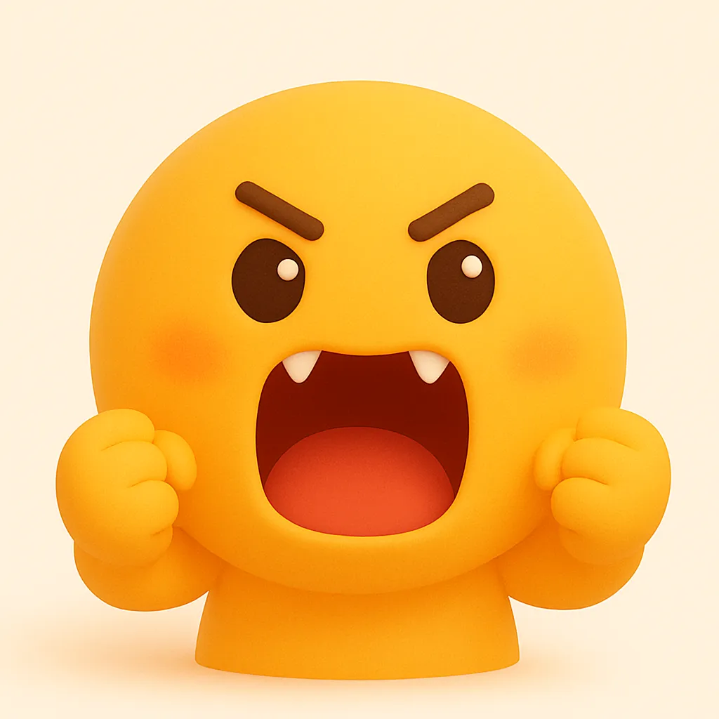 ぷに顔文字シリーズ・ガオー｜牙と力強い叫び顔が「ヽ(`Д´)ﾉ」系のエネルギーを放つ。ぷに顔文字シリーズらしい丸い造形と怒りの迫力が両立し、元気で印象的なアクセントに。